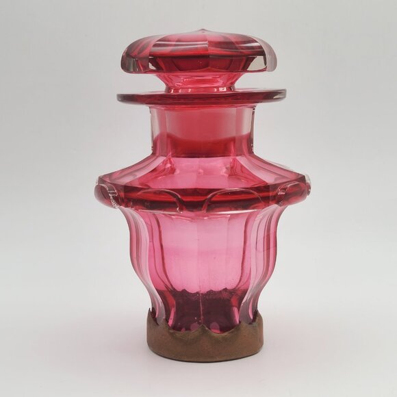 Vintage Cranberry Glass Apothecary or Dresser Jar with Mushroom Stopper 6 1/2" H - Picture 4 of 12